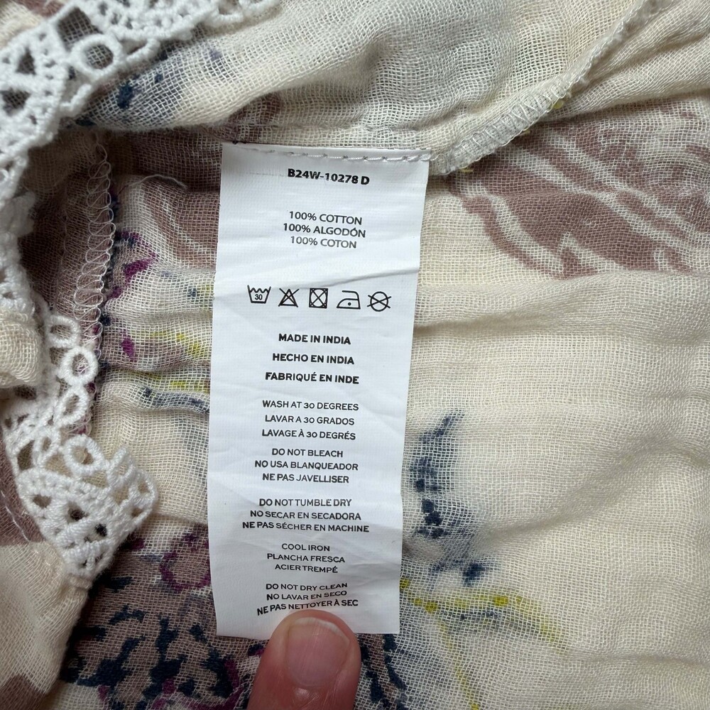 Boho Medium Cotton Floral Dress Button Front Lace Trim - Picture 6 of 8